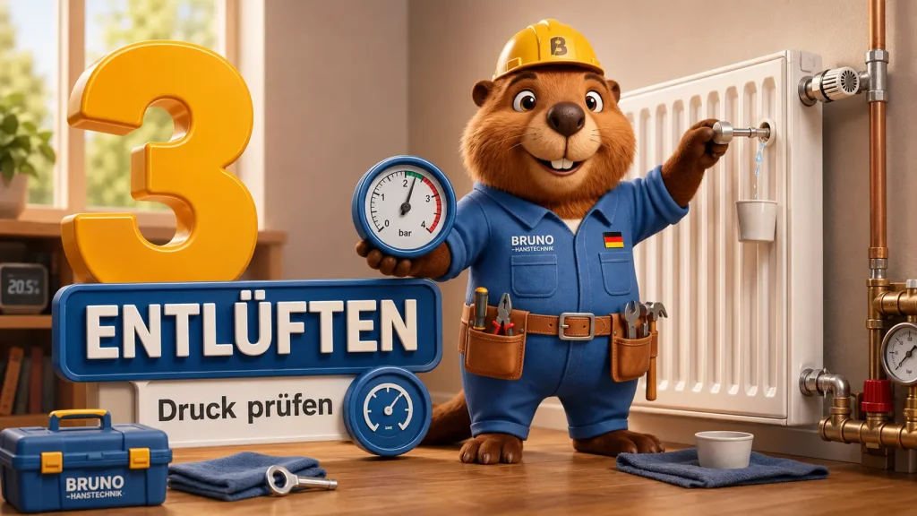 Bruno der Biber entlüftet einen Heizkörper und zeigt ein Manometer, um Luft im Heizkörper und den Anlagendruck zu prüfen.