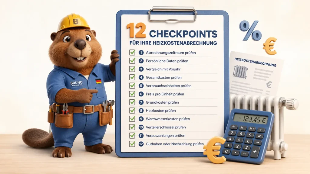 Bruno zeigt eine Checkliste mit 12 Punkten zur Prüfung der Heizkostenabrechnung neben Heizkörper und Taschenrechner.