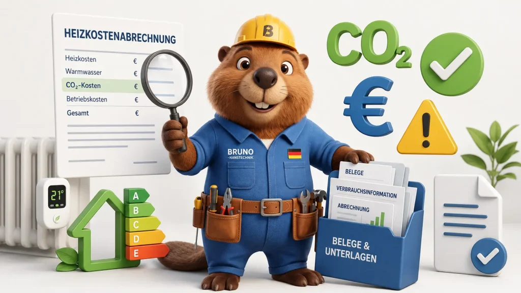 Bruno prüft CO2-Kosten, Belege und weitere Unterlagen einer Heizkostenabrechnung mit einer Lupe.