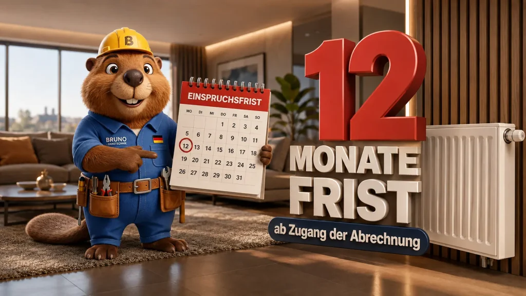 Bruno der Biber erklärt in einer stilvollen Wohnung die Einspruchsfrist von 12 Monaten gegen eine Heizkostenabrechnung und zeigt einen Kalender.