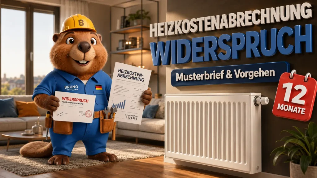 Bruno der Biber steht in einer modernen Wohnung neben einem Heizkörper und zeigt Unterlagen zum Widerspruch gegen die Heizkostenabrechnung sowie einen Musterbrief.