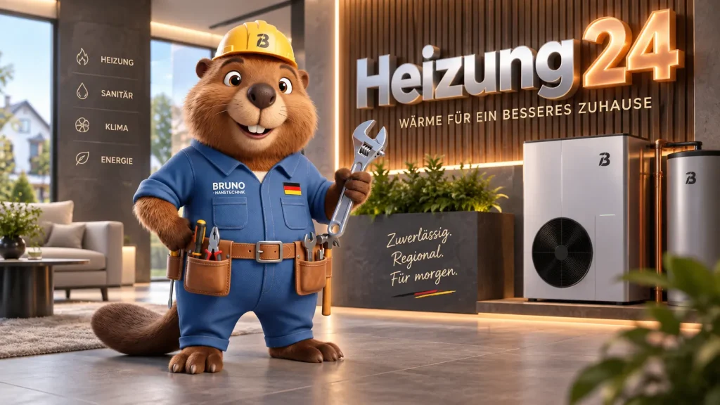 Bruno der Biber steht in einem modernen Heizungs-Showroom und präsentiert als Hauptfigur hochwertige Heizungstechnik in Premium-Umgebung.