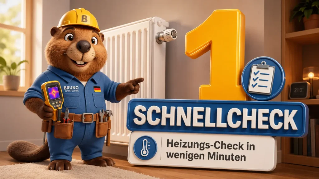 Bruno der Biber steht neben einem Heizkörper und zeigt den Schnellcheck, um die Ursache zu finden, wenn die Heizung nicht warm wird.