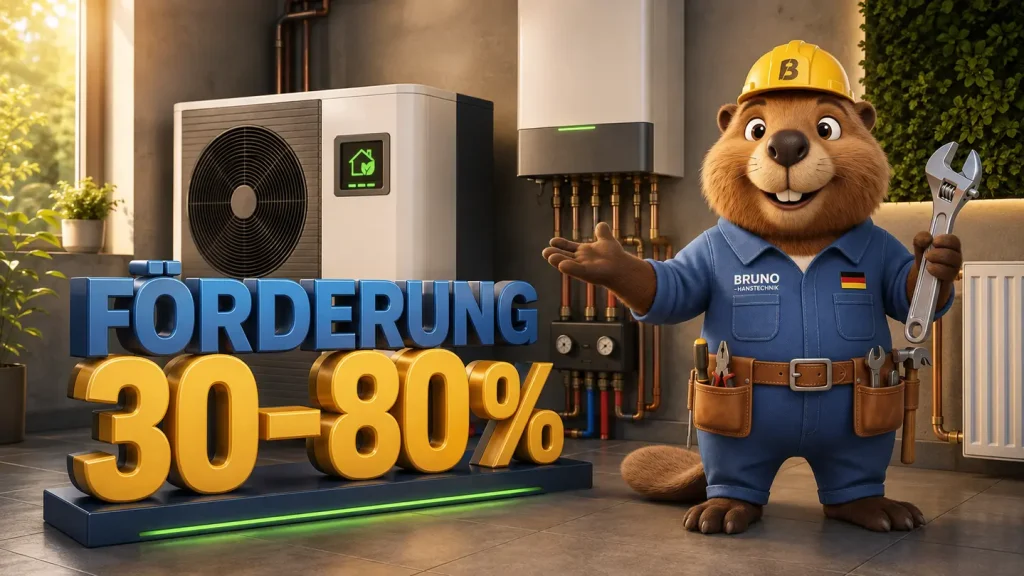 Bruno der Biber erklärt eine Förderung von 30 bis 80 Prozent beim Heizungstausch.
