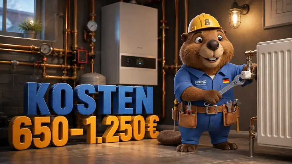 Bruno der Biber zeigt die Kosten eines hydraulischen Abgleichs von 650 bis 1.250 Euro.