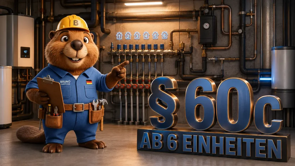 Bruno der Biber erklärt die Pflicht zum hydraulischen Abgleich nach Paragraf 60c ab sechs Einheiten.