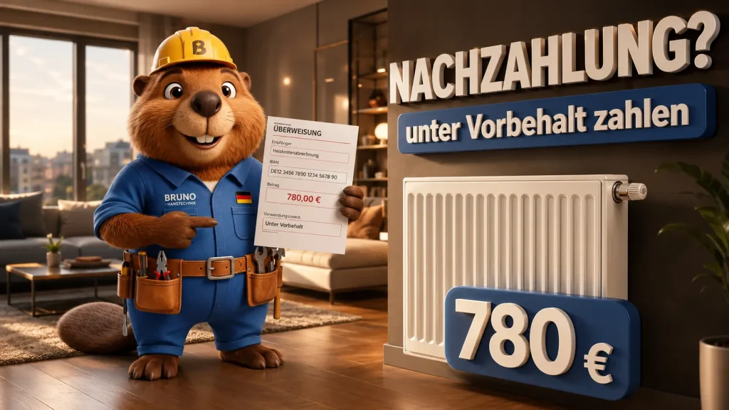 Bruno der Biber zeigt in einer hochwertigen Wohnung eine Nachzahlung zur Heizkostenabrechnung und erklärt die Zahlung unter Vorbehalt.