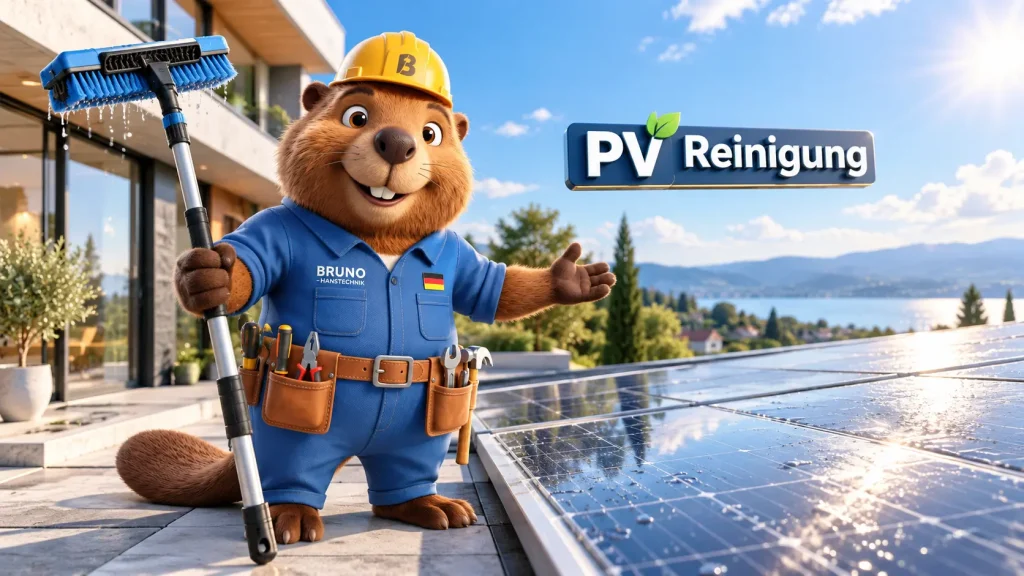 Bruno der Biber reinigt Solarmodule auf dem Dach eines modernen Hauses mit einer Teleskopbürste.