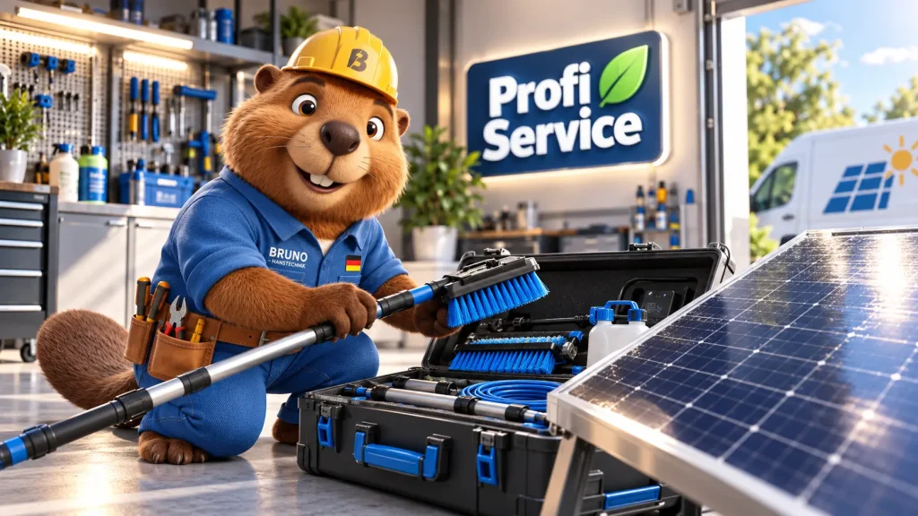 Bruno der Biber bereitet professionelle Reinigungsgeräte für Solarmodule in einer modernen Werkstatt vor.