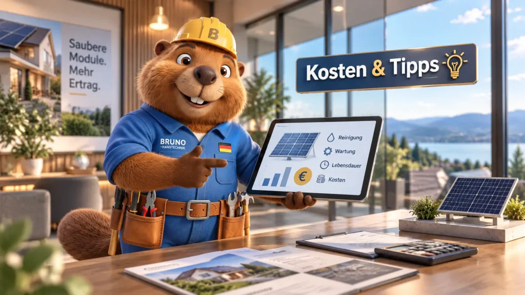 Bruno der Biber erklärt Kosten und Tipps zur Reinigung einer PV-Anlage anhand eines Tablets.