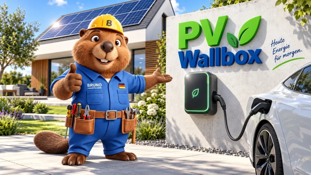 Bruno der Biber präsentiert eine Wallbox vor einem modernen Haus mit Photovoltaikanlage und Elektroauto.