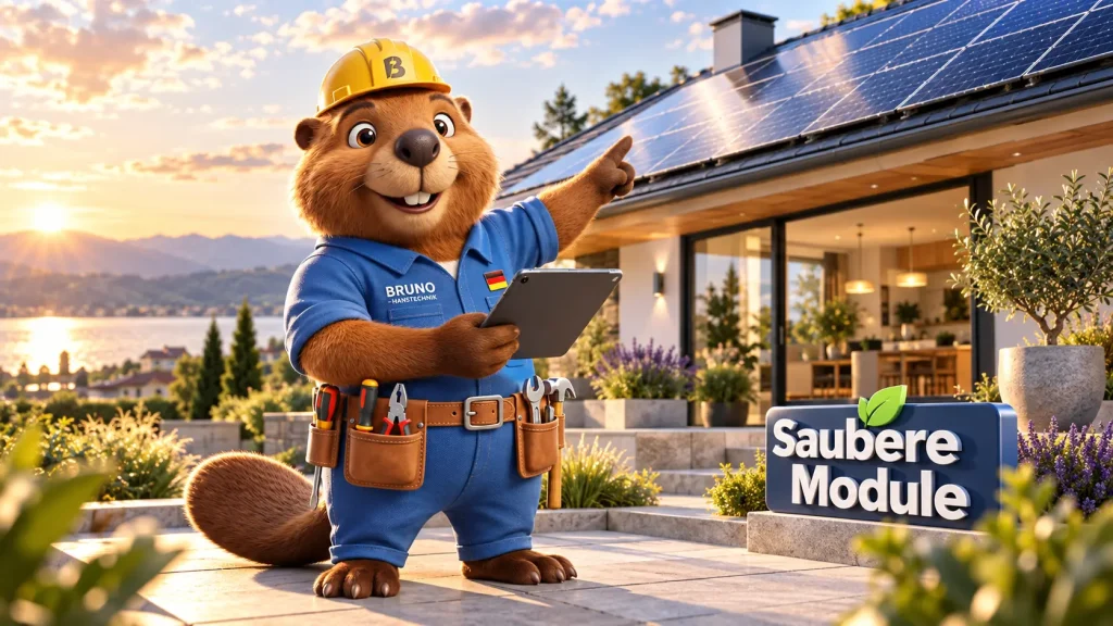 Bruno der Biber zeigt auf die Solarmodule eines modernen Hauses und erklärt, wann eine Reinigung sinnvoll ist.