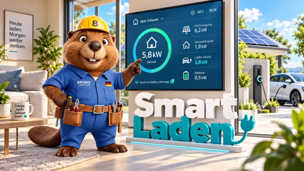 Bruno der Biber zeigt ein Energiemanagement für PV-Überschussladen mit Wallbox und Elektroauto.
