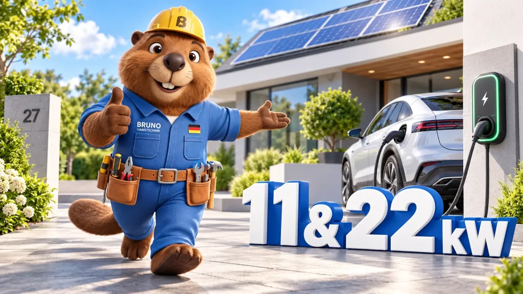 Bruno der Biber vor einer PV-Anlage mit Wallbox und Elektroauto zum Vergleich von 11 und 22 kW.