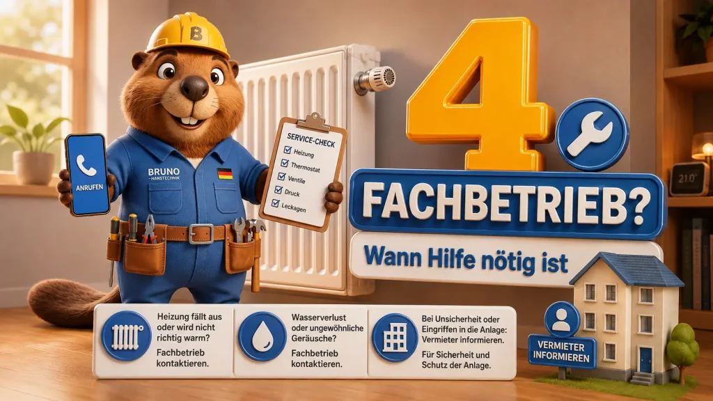 Bruno der Biber zeigt, wann bei einer kalten Heizung, Wasserverlust oder Unsicherheit ein Fachbetrieb oder der Vermieter informiert werden sollte.