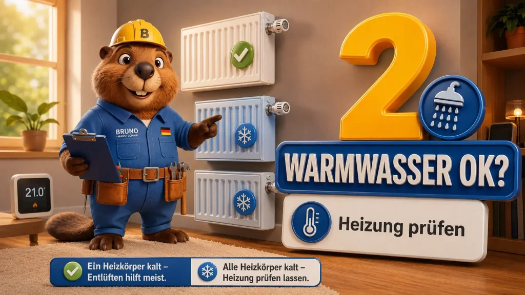 Bruno der Biber vergleicht warme und kalte Heizkörper und erklärt, was zu prüfen ist, wenn Warmwasser funktioniert, die Heizung aber kalt bleibt.