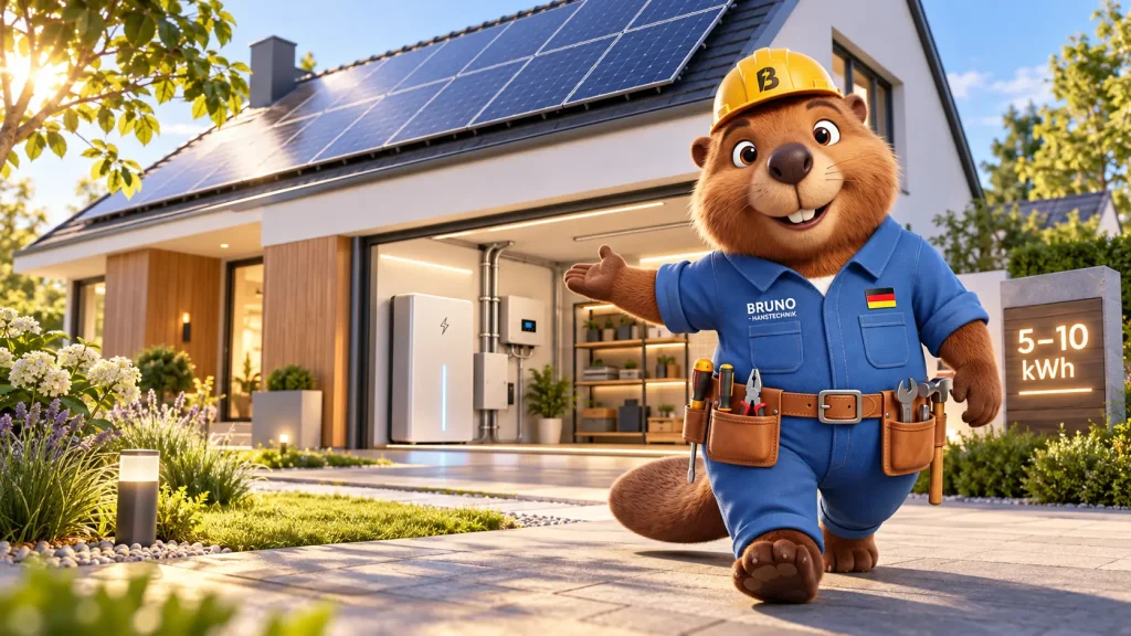 Bruno vor einem Einfamilienhaus mit Solaranlage und Batteriespeicher mit 5 bis 10 kWh Kapazität.