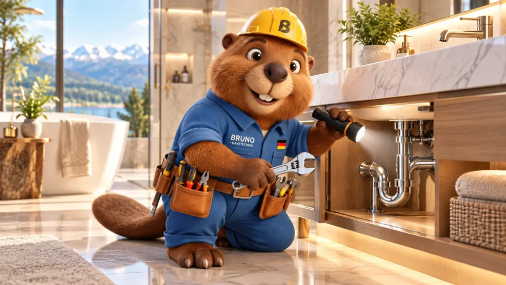 Bruno, der Hausretter-Biber, kniet in einem luxuriösen Badezimmer und prüft mit Taschenlampe und Werkzeug den Siphon unter dem Waschbecken.