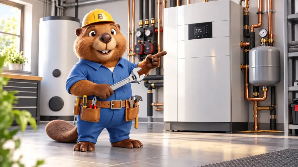 Bruno praesentiert in einem modernen Technikraum eine Heizungsanlage mit Speicher, Rohrleitungen und Heiztechnik.