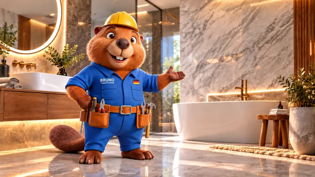 Biber Bruno in Arbeitskleidung mit Werkzeug in einem modernen Luxusbad