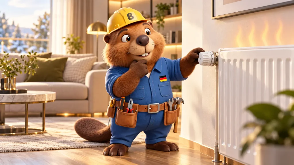 Biber Bruno prüft in einem modernen Wohnzimmer einen heißen Heizkörper mit Thermostat.
