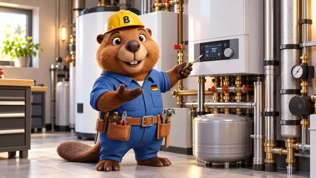 Biber Bruno erklärt in einem modernen Technikraum die Heizungsanlage und das Bedienfeld des Kessels.