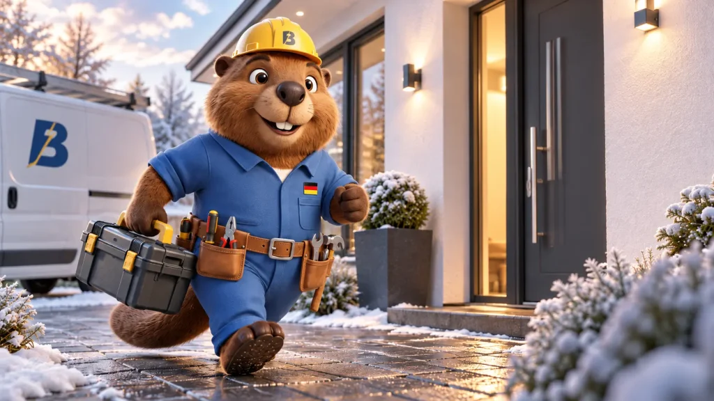 Bruno, der freundliche Biber-Techniker, kommt im Winter mit Werkzeugkoffer zu einem modernen Haus, um bei einem Heizungsnotfall zu helfen.