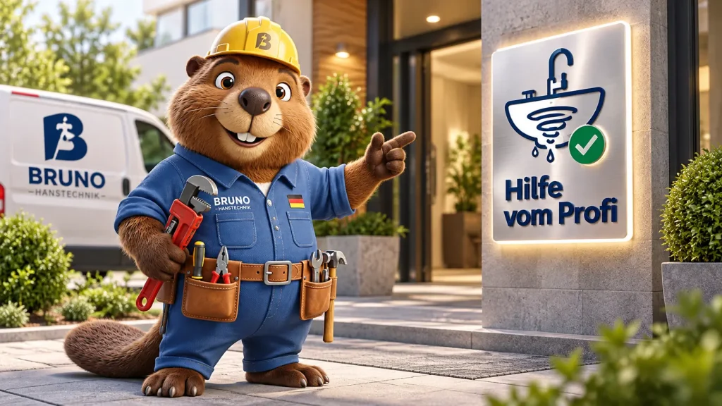 Bruno steht vor einem modernen Hauseingang und zeigt Hilfe vom Profi bei einem verstopften Waschbecken.
