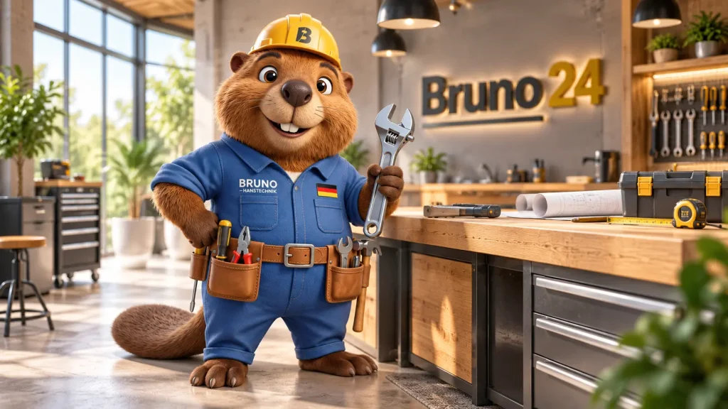 Bruno, ein freundlicher Biber in blauer Arbeitskleidung und gelbem Helm, steht in einer hochwertigen Werkstatt und hält einen großen Schraubenschlüssel in der Hand.