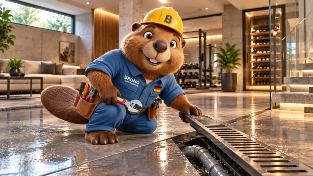 Biber Bruno kontrolliert eine Entwässerungsrinne in einem modernen Keller mit hochwertiger Ausstattung