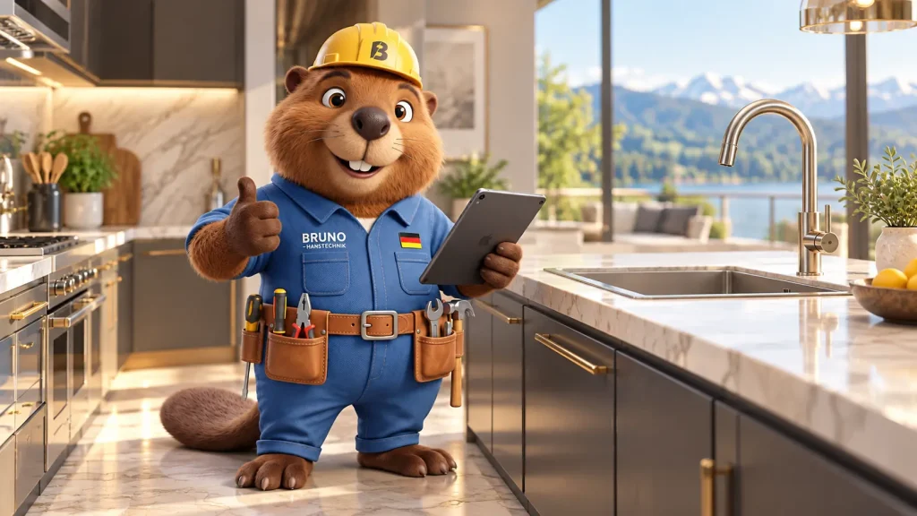Bruno, der Hausretter-Biber, steht in einer hochwertigen modernen Küche mit Tablet und Daumen hoch vor der Spüle.