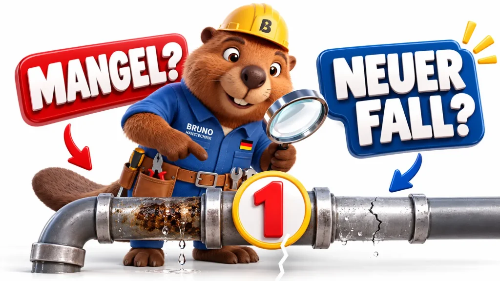 Bruno prüft ein Rohr und zeigt den Unterschied zwischen Mangel und neuem Fall bei erneuter Verstopfung.