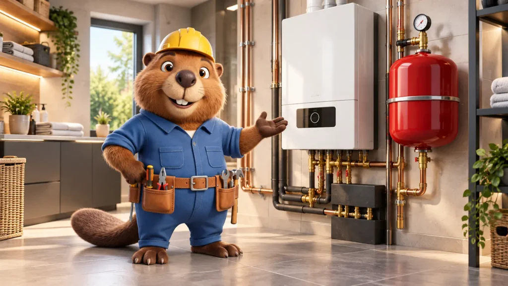 Bruno, der freundliche Biber-Techniker, praesentiert in einem modernen Technikraum eine Heizungsanlage mit rotem Ausdehnungsgefaess.