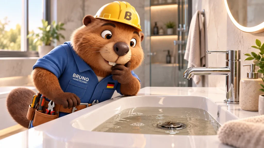 Bruno prüft ein verstopftes Waschbecken mit stehendem Wasser in einem modernen Badezimmer.