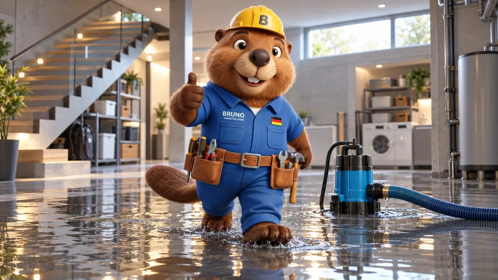 Biber Bruno pumpt nach Starkregen Wasser aus einem hochwertigen modernen Keller ab