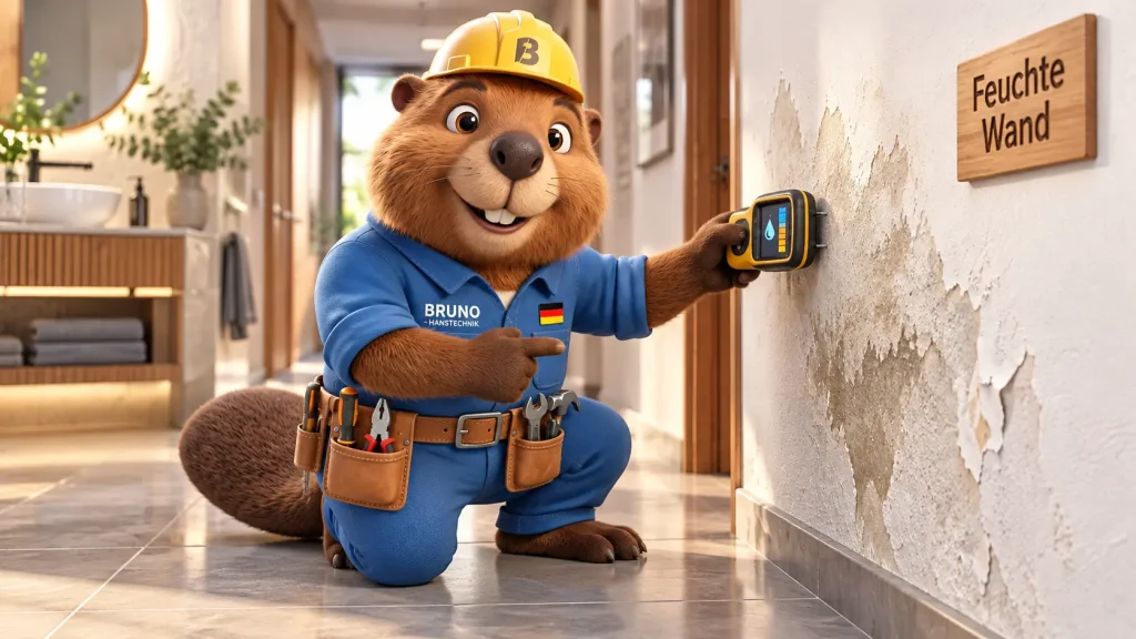 Bruno der Biber prüft eine feuchte Wand mit einem Feuchtigkeitsmessgerät, um einen versteckten Rohrbruch zu erkennen.