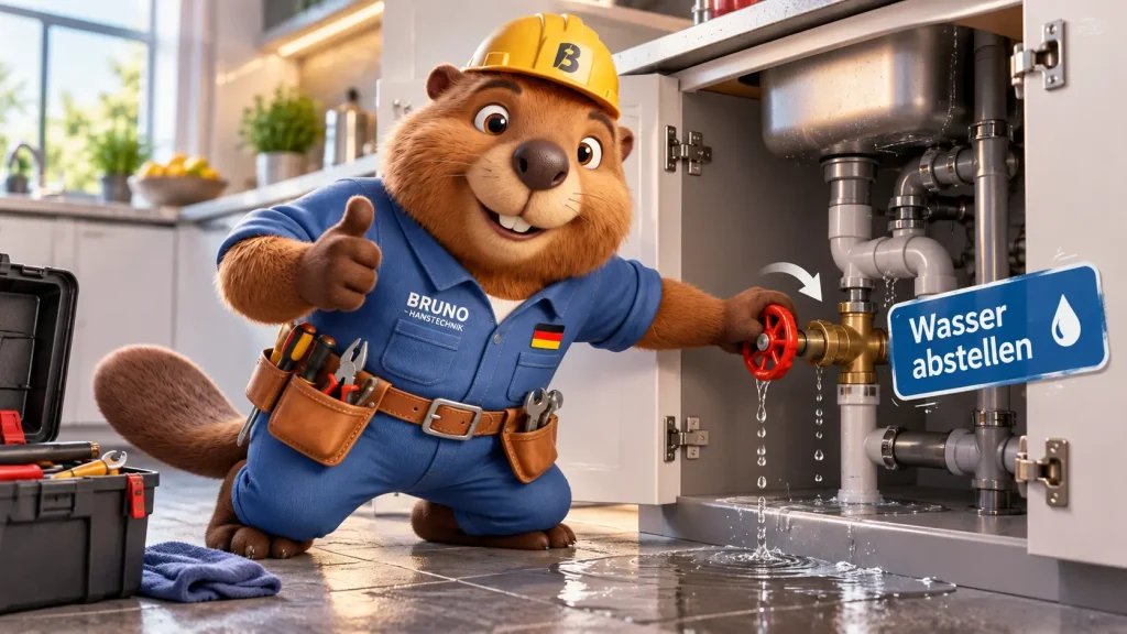 Bruno der Biber dreht bei einem Wasserleck das Absperrventil unter der Spüle zu, um den Wasserschaden zu begrenzen.