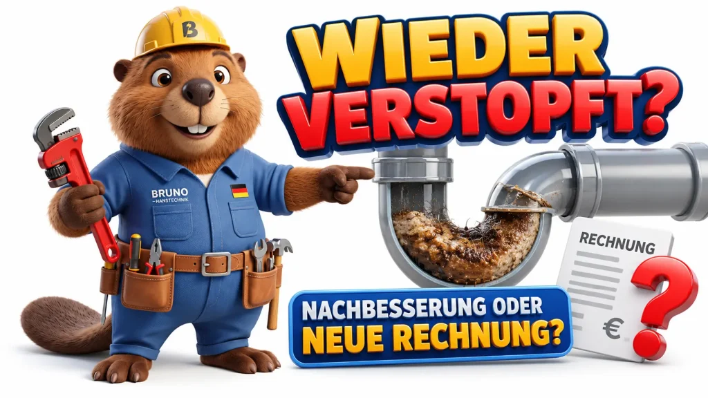 Bruno zeigt ein erneut verstopftes Rohr und fragt, ob Nachbesserung oder eine neue Rechnung droht.