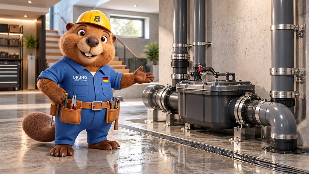 Biber Bruno zeigt eine moderne Rückstauschutzanlage in einem hochwertigen Keller