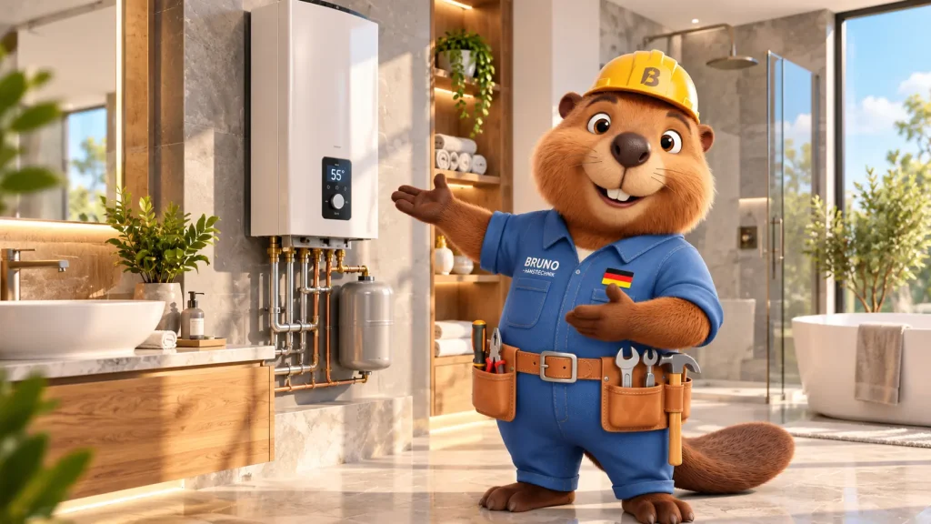 Bruno zeigt in einem hochwertigen Badezimmer einen modernen Warmwasserspeicher und die angeschlossene Haustechnik.
