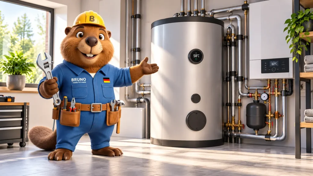 Bruno steht in einem modernen Heizungsraum neben einem Warmwasserspeicher und erklärt die Technik.