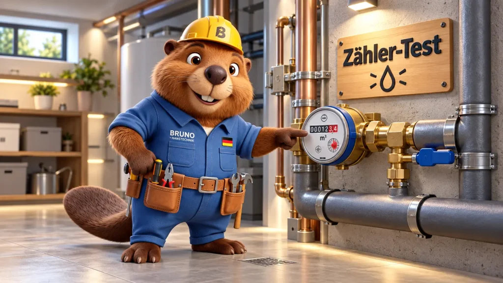 Bruno der Biber kontrolliert den Wasserzähler im Haus, um Hinweise auf eine undichte Wasserleitung zu finden.