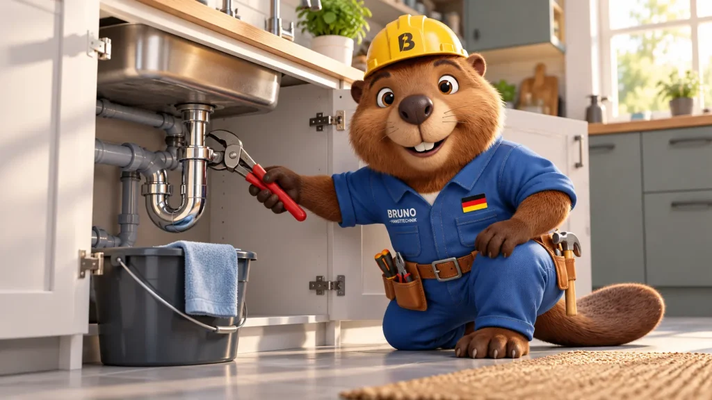 Bruno reinigt mit einer Zange den Siphon unter der Küchenspüle. Ein Eimer steht darunter.