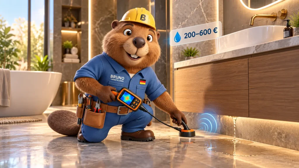 Bruno sucht in einem modernen Badezimmer mit einem Ortungsgeraet nach einer Wasserleckage.