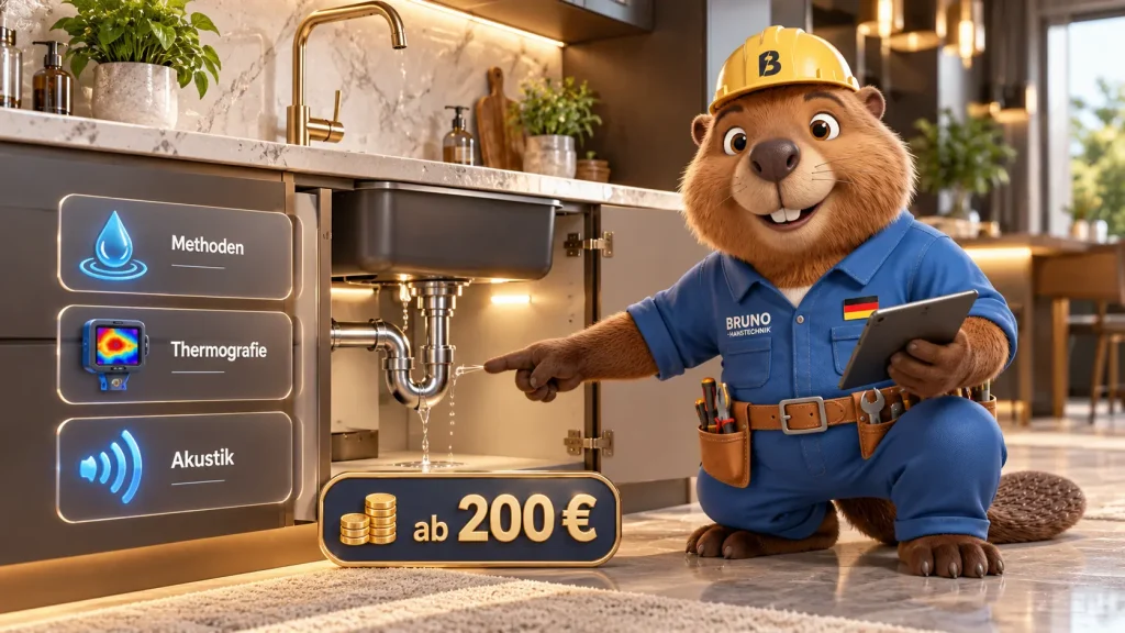 Bruno zeigt eine Leckortung unter der Kuechenspuele in einer hochwertigen modernen Kueche.