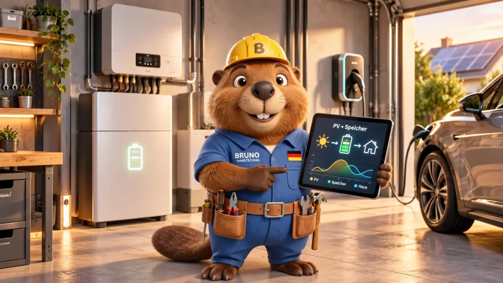 Bruno zeigt das Energiemanagement mit PV-Anlage, Batteriespeicher und Wallbox auf einem Tablet in der Garage.