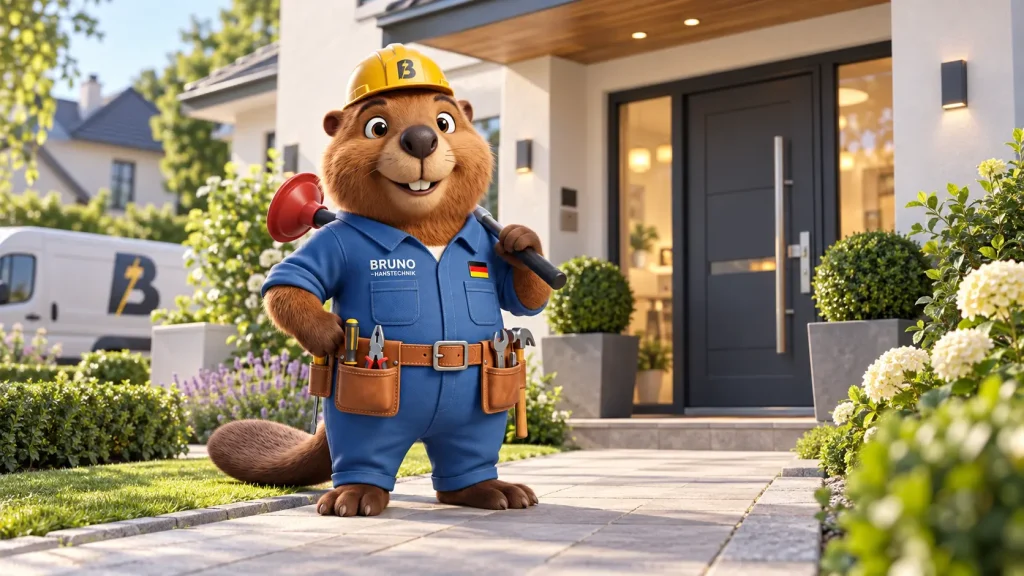 Biber Bruno steht mit einer Saugglocke vor einem modernen Haus und ist für die Rohrreinigung bereit.