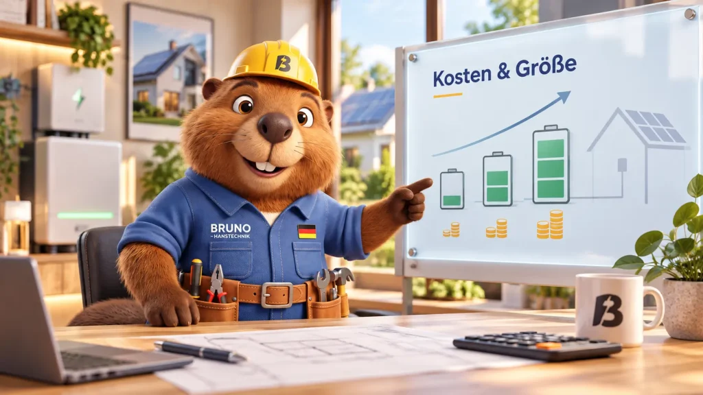 Bruno erklärt die Kosten und die passende Größe eines Stromspeichers anhand verschiedener Batteriekapazitäten.