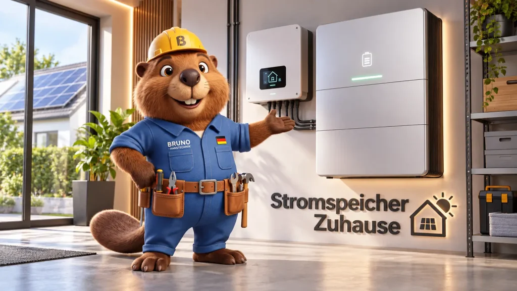 Bruno zeigt einen modernen Stromspeicher für Zuhause mit Wechselrichter und Photovoltaikanlage.
