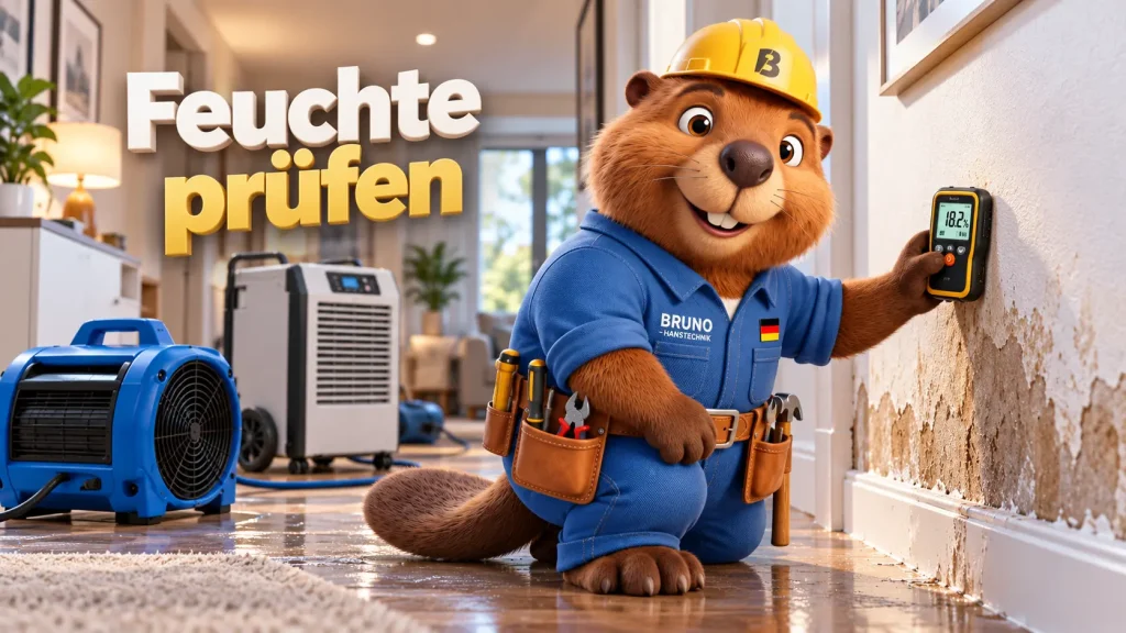 Bruno kniet vor einer feuchten Wand und prüft den Wasserschaden mit einem Feuchtigkeitsmessgerät.
